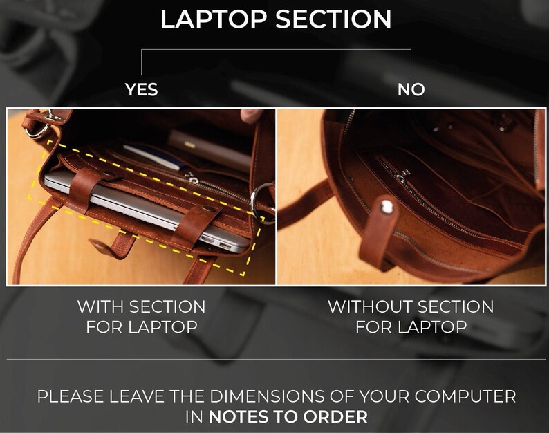 May include: A brown leather tote bag with and without a laptop section is shown. The bag has handles and a zipper closure. The text "LAPTOP SECTION" is at the top. The text "PLEASE LEAVE THE DIMENSIONS OF YOUR COMPUTER IN NOTES TO ORDER" is at the bottom.
