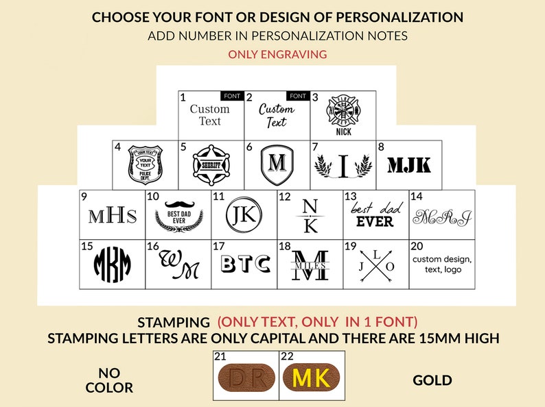 Puede incluir: Imagen que muestra opciones de personalizaci&oacute;n para grabado y estampado. Incluye varias fuentes, s&iacute;mbolos y opciones de texto, como iniciales, insignias y dise&ntilde;os personalizados. Tambi&eacute;n se muestran opciones de estampado con letras may&uacute;sculas, de 15 mm de alto y opciones de color.