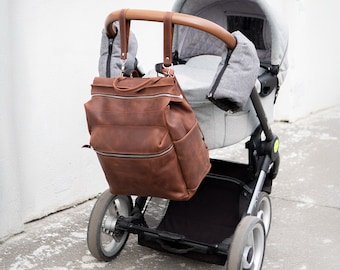 Leather Diaper Backpack for Mom, Large Diaper Bag, Travel Bag for New Mum, Multi-Functional Leather Bag, Spacious Baby Bag, Brown Diaper Bag