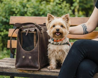 Bolsa de transporte de cuero personalizada para perros pequeños, bolsa de viaje para pasear y vacacionar, bolsa de transporte de cuero con correa para el hombro.