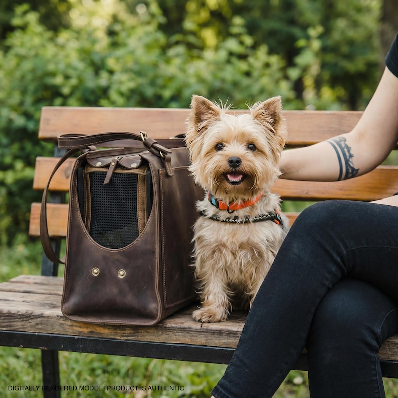 Leather Dog Carrier Bag With Name For Small Dogs, Custom Leather Pet Tote For Travel And Walking, Dog Tote Bag Carrier Cats And Small Pets image 1