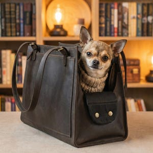 May include: A brown leather pet carrier with a small dog wearing a sweater. The carrier has a handle and a front pocket with two gold-colored buttons. The dog is looking at the camera.