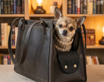 Bolsa de transporte de cuero personalizada para perros y gatos, bolsa de transporte para perros para viajes y paseos, bolsa de viaje de cuero para perros con correa para el hombro.