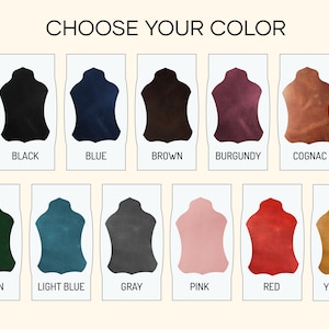 Puede incluir: Imagen que muestra una carta de colores con el texto "CHOOSE YOUR COLOR". La carta presenta muestras de cuero en varios colores, incluyendo negro, azul, marr&oacute;n, burdeos, co&ntilde;ac, verde, azul claro, gris, rosa, rojo y amarillo.