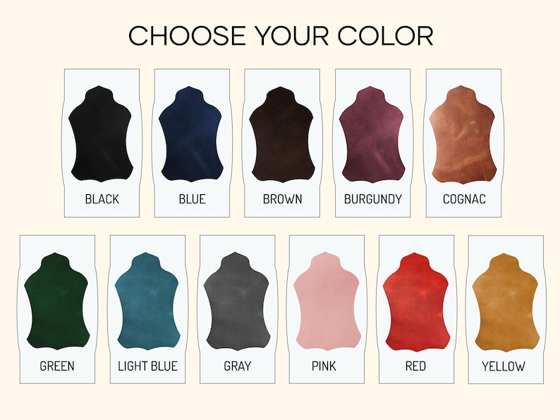 Puede incluir: Imagen que muestra una carta de colores con el texto "CHOOSE YOUR COLOR". La carta presenta muestras de cuero en varios colores, incluyendo negro, azul, marr&oacute;n, burdeos, co&ntilde;ac, verde, azul claro, gris, rosa, rojo y amarillo.