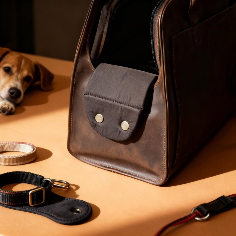 May include: A brown leather pet carrier with a dark brown fabric pocket secured by two gold-colored buttons. A black and gold dog collar and a beige and brown collar are on the table. A small dog is in the background.