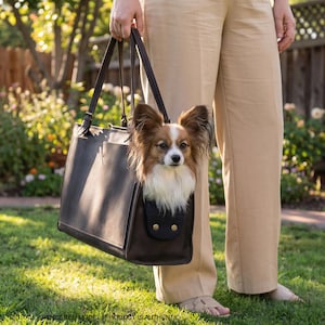 Leather Dog Carrier Bag With Name For Small Dogs, Custom Leather Pet Tote For Travel And Walking, Dog Tote Bag Carrier Cats And Small Pets image 13