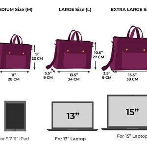 Puede incluir: Bolsos tipo satchel color ciruela en tres tama&ntilde;os: mediano (28 cm ancho, 23 cm alto, 8 cm profundidad), grande (34 cm ancho, 27 cm alto, 9 cm profundidad) y extra grande (39 cm ancho, 29 cm alto, 9 cm profundidad). Los bolsos tienen bolsillo frontal y asas. Compatibles con iPads y port&aacute;tiles.