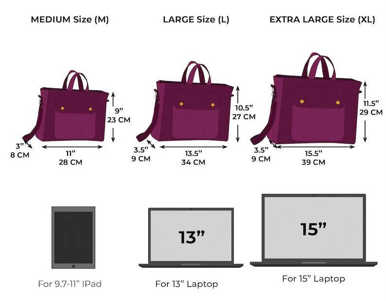 Puede incluir: Bolsos tipo satchel color ciruela en tres tama&ntilde;os: mediano (28 cm ancho, 23 cm alto, 8 cm profundidad), grande (34 cm ancho, 27 cm alto, 9 cm profundidad) y extra grande (39 cm ancho, 29 cm alto, 9 cm profundidad). Los bolsos tienen bolsillo frontal y asas. Compatibles con iPads y port&aacute;tiles.
