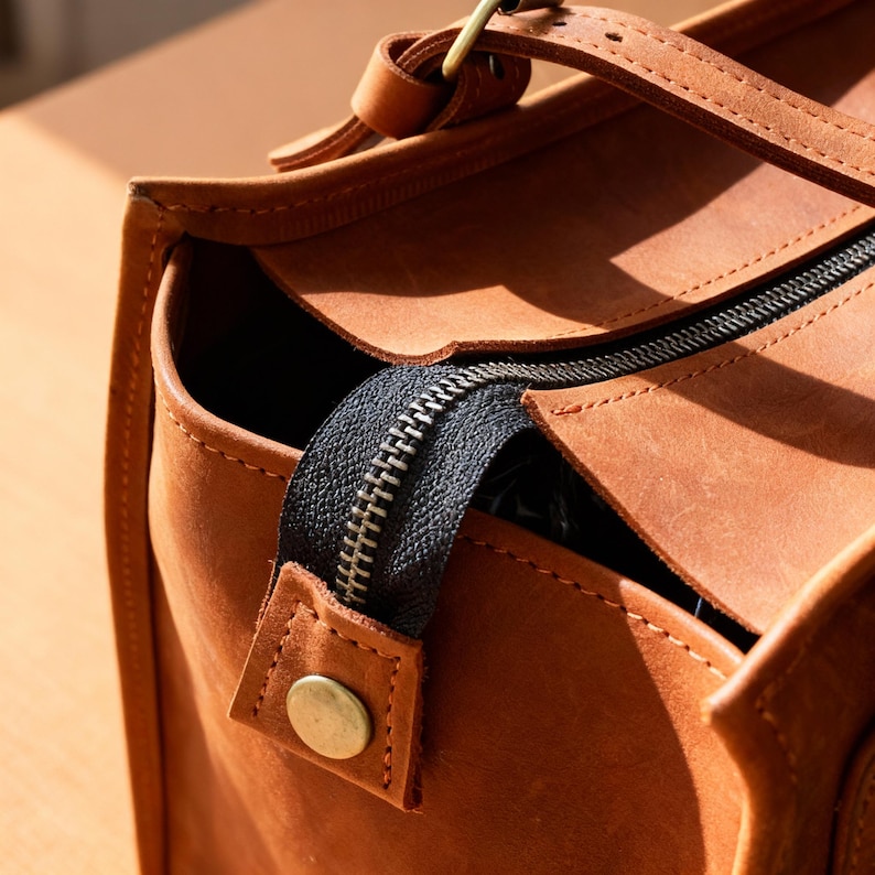 May include: Close-up of a brown leather tote bag with a black zipper. The bag has a handle and a brass-colored button. The leather has a natural, textured appearance. The bag is designed for carrying items.