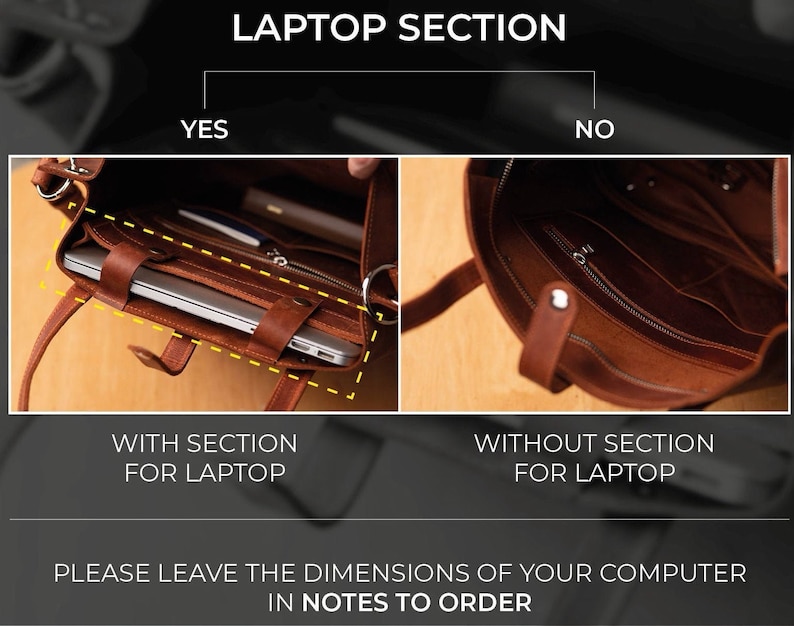 Puede incluir: Se muestra un bolso tote de cuero marr&oacute;n con y sin secci&oacute;n para port&aacute;til. El bolso tiene asas y cierre de cremallera. El texto "LAPTOP SECTION" est&aacute; en la parte superior. El texto "PLEASE LEAVE THE DIMENSIONS OF YOUR COMPUTER IN NOTES TO ORDER" est&aacute; en la parte inferior.