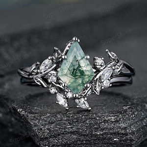 Black Gold Moss Agate Engagement Ring Gothic Leaf Flower Nature Inspired Wedding Ring For Women Green Agate Moissanite Anniversary Ring Gift