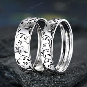 White Gold Vintage Couple Ring Set Custom Two Tone Promise Rings For Women And Men Handmade Nature Inspired Leaf His And Hers Wedding Bands