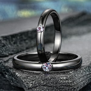 Gothic Black Gold Alexandrite Couple Ring Set For Women And Men, Minimalist Handmade Mens Ring Wedding Band, Alexandrite Promise Bridal Ring