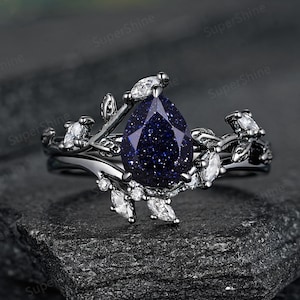 Pear Galaxy Blue Sandstone Engagement Ring Set Custom Nature Leaf Promise Rings Gifts Curved Moissanite Wedding Match Ring Anniversary Rings