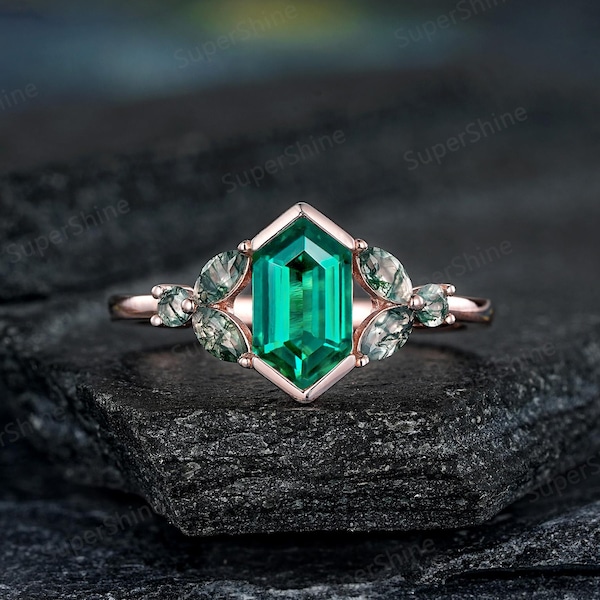 Hexagon Cut Emerald Engagement Ring 14k Gold Marquise Agate Cluster Wedding Rings For Women Minimalist Green Emerald Anniversary Ring Gifts
