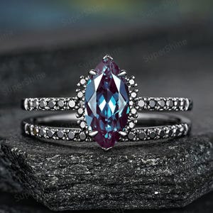 Gothic Marquise Cut Alexandrite Engagement Ring Set Straight Black Moissanite Wedding Band Color Changing Women Anniversary Rings Gifts