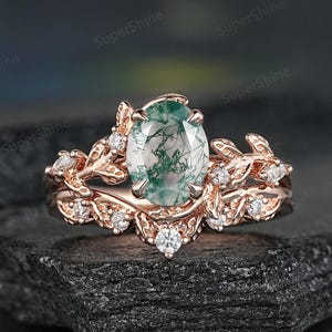 Oval Moss Agate Engagement Ring Set 14k Gold Nature Inspired Leaf Wedding Ring Custom Anniversary Ring Gifts Agate Promise Rings For Women