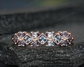 Vintage Half Eternity Marquise Cut Alexandrite Wedding Ring 14k Gold Color Changing Alexandrite Wedding Rings For Women Custom Stacking Ring