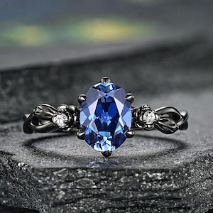 Oval Cornflower Blue Sapphire Engagement Rings, Rose Flower Moissanite Wedding Rings Women, Gothic Black Gold June Birth Flower Promise Ring