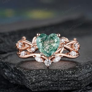 Heart Moss Agate Engagement Ring Set Vintage Leaf Branch Nature Inspired Wedding Ring 14k Gold Moissanite Agate Anniversary Rings For Women