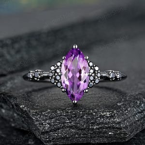 Marquise Amethyst Engagement Ring Black Gold Moissanite Cluster Wedding Ring Purple Amethyst Anniversary Rings For Women Promise Ring Gift