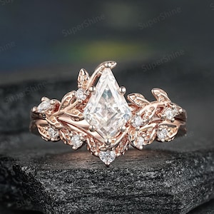 Kite Cut Moissanite Engagement Ring Set Vintage Nature Inspired Leaf Floral Anniversary Rings For Women Gifts Custom Branch Wedding Rings