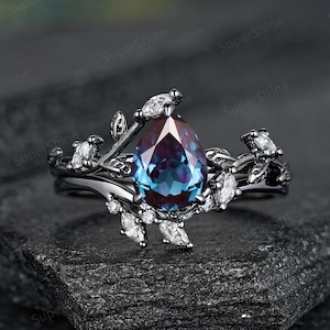 Pear Alexandrite Engagement Ring Set Custom Nature Inspired Leaf Wedding Ring Black Gold Moissanite Promise Anniversary Rings For Women Gift