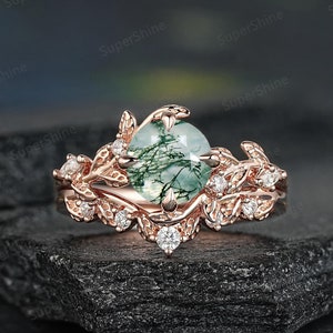 Round Nature Moss Agate Engagement Ring Set Gold Leaf Floral Inspired Wedding Ring Custom Green Crystal Anniversary Promise Rings For Women