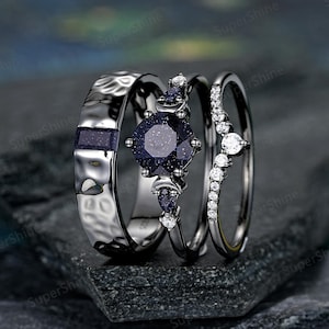 Galaxy Blue Sandstone Couples Ring Set Black Gold Mens Wedding Band Gothic Moon Rings For Women And Men Custom His And Hers Wedding Bands