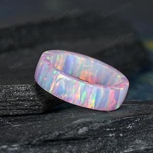 White Opal Mens Wedding Band 5mm Full Eternity White Fire Opal Women Anniversary Rings Gifts October Birthstone Engagement Rings For Him