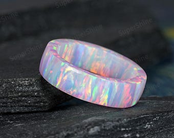 White Opal Mens Wedding Band 5mm Full Eternity White Fire Opal Women Anniversary Rings Gifts October Birthstone Engagement Rings For Him