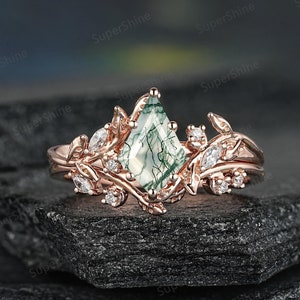 Unique Kite Cut Moissanite Wedding Ring Set Gold Leaf Branch Nature Inspired Moissanite Engagement Rings Leaf Floral Promise Ring For Women