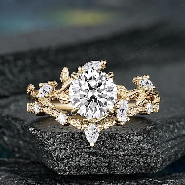 Round Moissanite Engagement Rings Set Yellow Gold Nature Inspired Leaf Promise Rings For Women Curved Moissanite Wedding Anniversary Rings