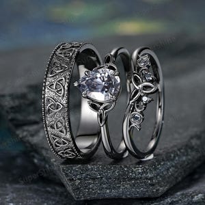 Gothic Black Gold Couple Ring Set Custom Celtic Knot Mens Wedding Band Norse Viking Wedding Ring For Women And Men His and Hers Promise Ring