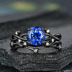 Round Blue Sapphire Engagement  Twig Ring Set, Nature Twisted Branch Promise Anniversary Ring Gifts, Black Gold Anniversary Rings For Women