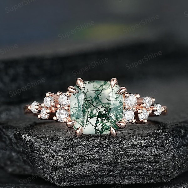 Cushion Cut Nature Moss Agate Engagement Ring Vintage Moissanite Cluster Anniversary Ring Agate Wedding Rings For Women Gold Promise Rings