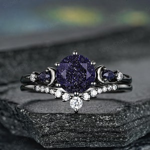 Round Galaxy Blue Sandstone Wedding Ring Set, Gothic Black Gold Sailor Moon Promise Rings For Women, Vintage Moissanite Curve Wedding Band