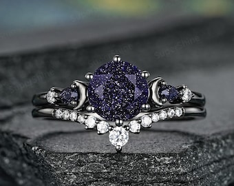 Round Galaxy Blue Sandstone Wedding Ring Set, Gothic Black Gold Sailor Moon Promise Rings For Women, Vintage Moissanite Curve Wedding Band