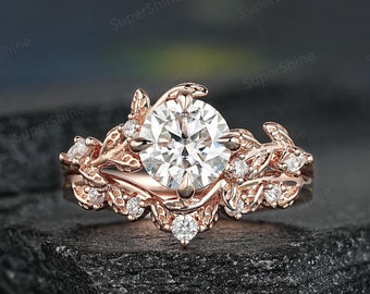 Dainty Round Moissanite Engagement Ring Set 14k Gold Leaf Floral Moissanite Anniversary Rings For Women Custom Nature Inspired Wedding Rings