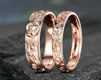 Romantic Rose Couple Ring Set Nature Inspired Leaf Floral Matching Stacking Rings For Women And Men Gold June Birth Flower Rings For Couple