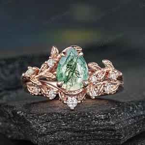 Pear Nature Moss Agate Wedding Ring Set 14k Gold Leaf Floral Agate Engagement Rings For Women Custom Leaf Floral Anniversary Rings Gifts