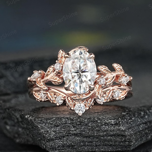 Oval Moissanite Engagement Ring Set Custom Leaf Floral Wedding Ring Nature Inspired Leaf Branch Promise Ring For Women Gold Anniversary Ring