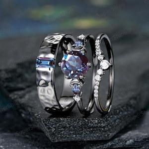 Anillo de bodas único martillado para hombre, oro negro, alejandrita, anillos de aniversario para pareja, para mujeres y hombres, gótico, para él y para ella, regalos de boda.