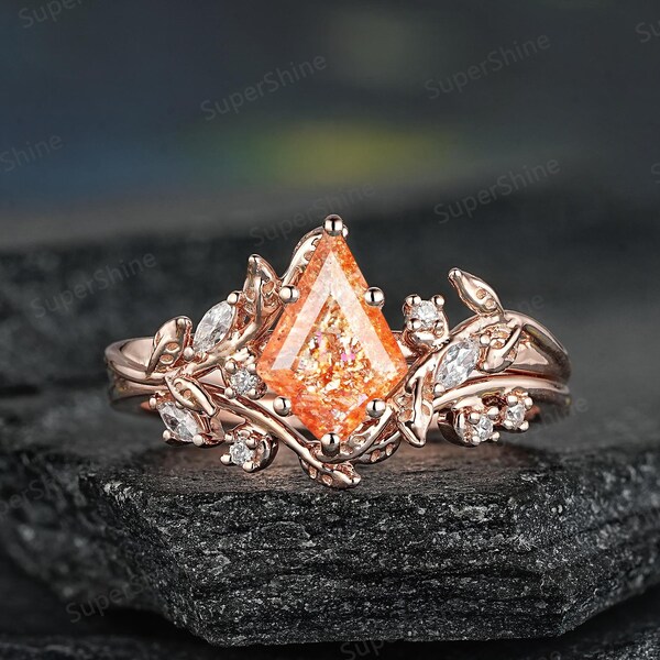 Kite Cut Sunstone Wedding Ring Set Solid Gold Leaf Floral Nature Inspired Sunstone Engagement Ring Curved Moissanite Wedding Rings For Women