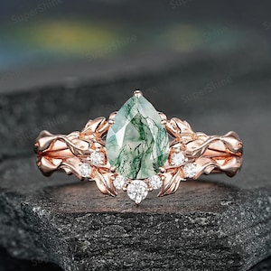 Peervormige natuur mosagaat verlovingsring set vintage op de natuur geïnspireerde blad trouwring set 14k gouden moissanite belofteringen voor vrouwen