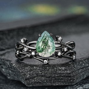 Pear Shaped Nature Moss Agate Engagement Ring Set Black Gold Green Crystal Wedding Rings For Women Custom Twig Branch Anniversary Rings Gift