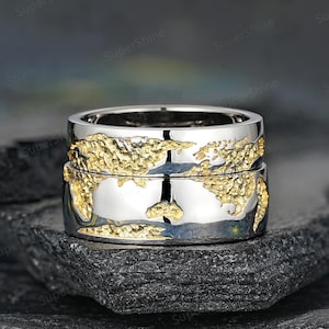 Juego de anillos con mapa del mundo en oro blanco, anillos de pareja de viajeros personalizados para mujeres y hombres, anillos apilables vintage a juego, alianzas de boda para él y para ella