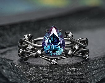Gothic Pear Shape Alexandrite Engagement Ring Set Black Gold Twig