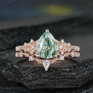 Nature Pear Moss Agate Wedding Ring Set Vintage 14k Gold Leaf Floral Green Agate Engagement Rings For Women Custom Anniversary Rings Gifts